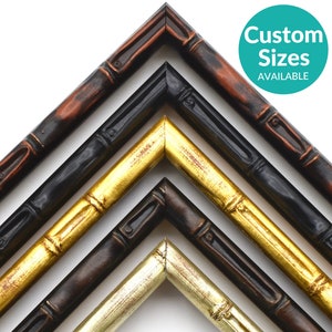 May include: Five picture frames with a bamboo design in different colors: copper, black, gold, brown, and silver. The frames are arranged in a triangle shape. The text "Custom Sizes Available" is in a teal circle.