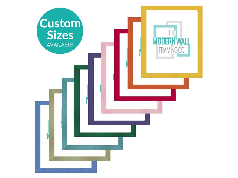 Colorful picture frames in blue, green, purple, pink, red, orange, and yellow. Modern, vibrant design for artwork, posters, or photos. Custom sizes available. Perfect for home, office, or gallery wall decor.