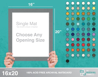 May include: A 16x20 inch single mat board with a gray mat and a white core. The mat board is 100% acid free archival mat board. The text "Single Mat" is printed on the mat board. The text "Mat Shown is Shown in Nightfall" is printed below the text "Single Mat". The text "Choose Any Opening Size" is printed below the text "Mat Shown is Shown in Nightfall". The text "16x20" is printed in the bottom left corner of the image. The text "100% ACID FREE ARCHIVAL MATBOARD" is printed in the bottom center of the image. The text "THE MODERN WALL FRAMING CO." is printed in the bottom right corner of the image.