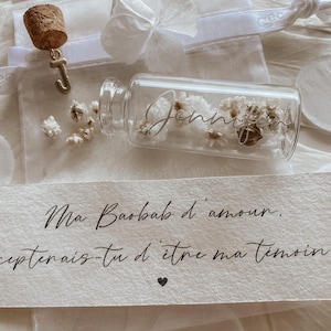 Fiole messagère personnalisé, annonce grossesse, demande marraine, naissance bébé, annonce grands-parents, fleurs séchées, cadeau pour mamie