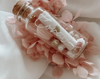Demande marraine, annonce fiole à message, naissance bébé, grossesse, fleurs séchées, cadeau fête des mères personnalisé, fiole fleurs roses