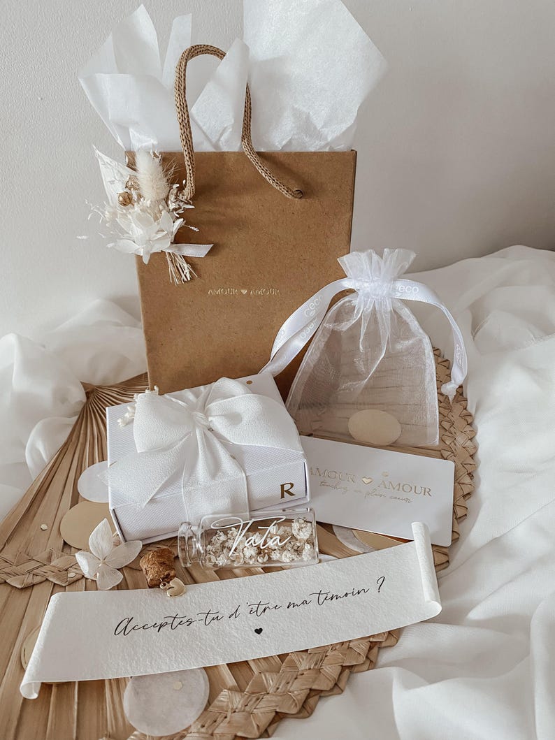 Godmother proposal, pregnancy announcement, wedding witness, personalized gift for grandma, baby's birth, christening, message bottle, dried flowers Pochon+écrin+sac