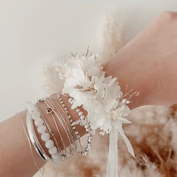 Bracelet fleuri mariage, fleurs séchées, fleurs stabilisées, demoiselle d'honneur, témoin, accessoire mariage, baptême, cadeau personnalisé