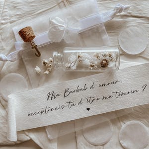 Annonce grossesse, demande marraine, fiole à message personnalisé, demande témoin, annonce mariage, cadeau original marraine fleurs séchées
