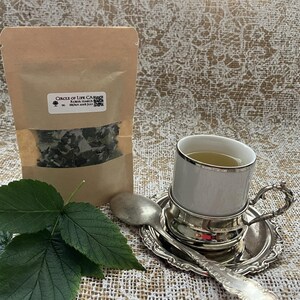 May include: A brown paper pouch with a clear window containing dried green leaves, labelled Circle of Life, next to a white ceramic cup in a silver holder on a matching saucer with a silver spoon and three fresh green leaves.