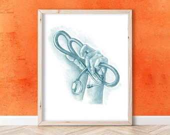 Dibujo a lápiz de un estetoscopio - BioCreativeArts - Láminas para médicos, enfermeras, profesionales de la salud y conservadores de hospitales
