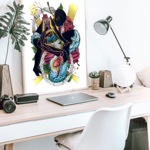 May include: A framed art print featuring a black and white illustration of two figures intertwined with musical notes, roses, and water. The background is white with yellow highlights.