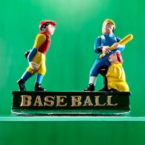 Vintage Cast Iron Baseball Doorstop: Hand Painted 1980s Statue