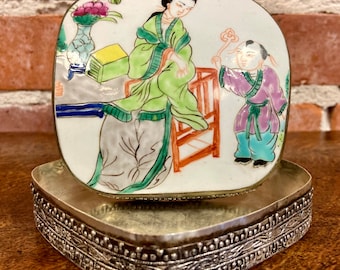 Antique Chinese Porcelain Shard Box: Nickel Silver Trinket Box