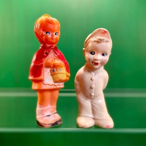 Vintage Rubber Squeak Toy Figurines: Little Red Riding Hood & Mischievous Boy