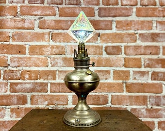 Antique Nickel over Brass Electrical Converted Oil Lamp, Antique Nickel Plated Brass Converted Kerosene to Electric Hurricane Table Lamp.