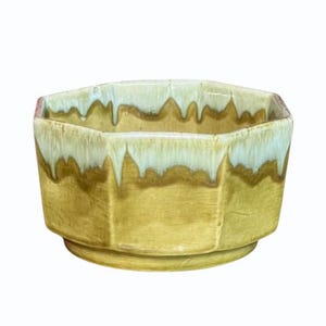 Vintage Drip Glaze Planter: Mid Century Modern Hexagonal Flower Pot - USA Art Pottery - Retro Scalloped Ceramic Succulent Pot