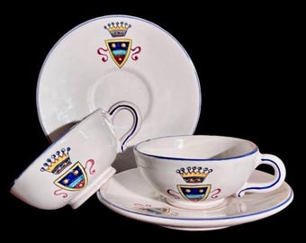 Vintage P.V. Italy Peasant Village Cup and Saucer Set: Hand-Painted Heraldic Crest Majolica - Mid-Century Italian Art Pottery - Set of 2
