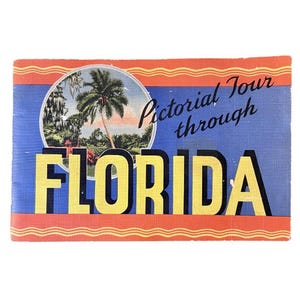 May include: Vintage Florida pictorial tour booklet. The cover features a blue background with the word "FLORIDA" in large yellow letters. A circular image of a palm tree and the words "Pictorial Tour through" are also visible.