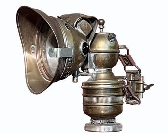 Antique Brass Carbide Bicycle Lamp: 1900s Acetylene Gas Lantern with Jeweled Side Lights - Vintage Steampunk Industrial Decor