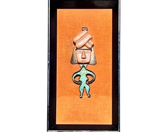 Vintage Mid Century Modern Shadowbox Wall Plaque: Stylized Mask Figure Art Pottery & Metal - Retro Orange Velvet Framed Wall Decor