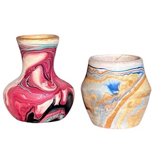 Pair of Vintage Nemadji Pottery Vases: Small Swirl Marbled Clay Pots - Mid Century Southwestern Boho Shelf Decor - Native Style Art Pottery