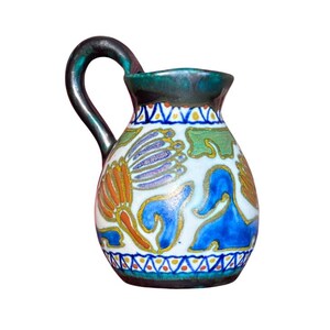 Antique Dutch Gouda Pottery Crocus Jug Pitcher: PZH Zuid Holland 1141, Hand Painted Matte Glaze Art Deco Ewer, 1920s Netherlands Ceramic