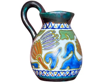 Antique Dutch Gouda Pottery Crocus Jug Pitcher: PZH Zuid Holland 1141, Hand Painted Matte Glaze Art Deco Ewer, 1920s Netherlands Ceramic