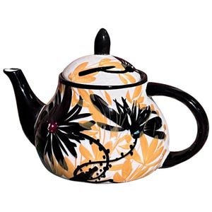 May include: A ceramic teapot featuring a white base with a hand-painted pattern of black flowers and yellow leaves. The teapot includes a matching lid with a black finial, a curved black handle, and a black spout, all with a glossy finish.