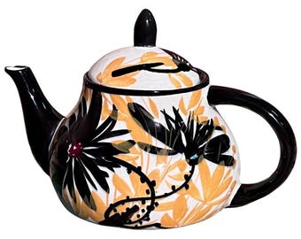 Vintage Art Deco German Ceramic Teapot: Hand Painted Floral Crackle Glaze Tea Pot - Yellow & Black Mid Century Made In Germany Pottery