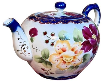 Antique Nippon Teapot: Hand Painted Floral Cobalt Blue Gold Gilt Japanese Porcelain Tea Pot Torii Gate Mark 1891-1921