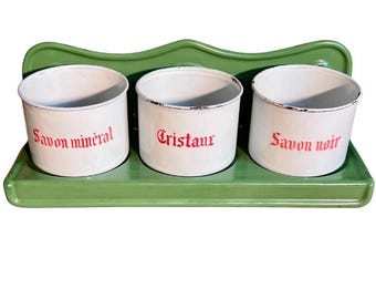Vintage Belgian Enamel Soap Rack: French Country Kitchen Wall Mount Holder, Savon Noir Cristaux Savon Mineral 3 Cup Set Enamelware