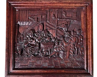 Large 19th Century Flemish Antique Carved Oak Panel in Frame: Peasants Playing Cards Wood Framed 26'' x 23'', Relief Carving Wall Hanging