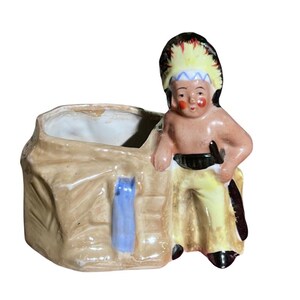 Vintage Ceramic Native American Boy Planter: Mid Century Kitschy Headdress Figurine, Small Retro Indoor Succulent Pot 1950s