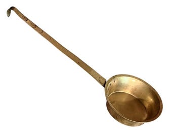 19th Century Antique Brass Water Dipper with Stamped Starburst Pattern: 16'' Primitive Hand Hammered Brass Ladle, Hooked Handle Barrel Scoop