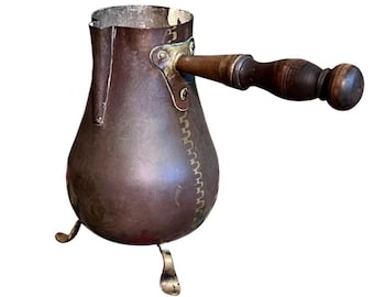 Antique Dutch Copper Chocolate Pot: 18th Century Dovetail Seam, Brass Footed Hot Cocoa Server with Wooden Handle - Primitive Farmhouse 8''