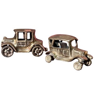 Vintage Solid Brass Model T Car Figurines Set: Mid Century Jalopy Paperweights, Rolling Wheels