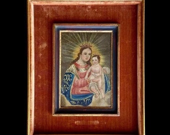 Antique 19th Century Spanish Colonial Madonna and Child Oil on Tin Retablo