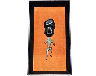 Vintage Mid Century Modernist Shadowbox Wall Art: Carved Head & Verdigris Metal Dancing Figure - Framed Brutalist Studio Art 8.75 x 4.75