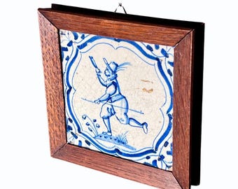 17th Century Dutch Delft Tile: Antique Hand-Painted Ceramic Tile in Wood Frame - Springer Antique Delftware Tile