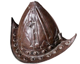 Antique Copper Spanish Morion Helmet: Antique Repousse Conquistador Cabasset Helmet Decor - Victorian Revival Decorative Armor Display Piece