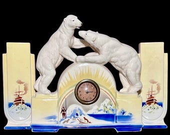 Art Deco Polar Bear Mantel Clock Set: BIHL Czechoslovakia Porcelain, 1920s Artic Figural Clock, Vintage Bohemian Garniture