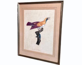 Jacques Barraband Birds: Female Of The Small Emerald Bird Of Paradise Hand Painted, Signed & Dated 1942, Matted Behind Glass Framed 26x21