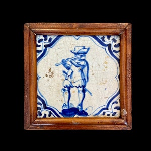 Antique Hand-Painted Dutch Tile - 17th Century Framed Ceramic Art