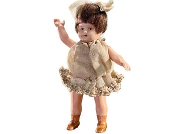 Rare Small 1930s Celluloid Doll: Vintage Jointed Penny Doll with Original Mohair Hair - Japan/German Antique Collectible Toy