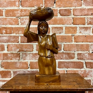 Vintage Hand Carved Wood Sculpture: Nubian Woman with Basket