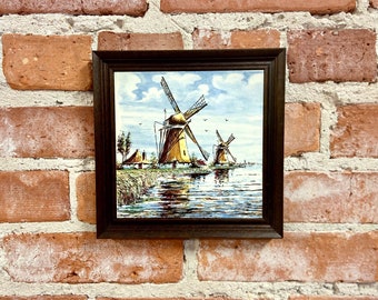 Vintage Delft Tile: Hand-Painted Windmill Scene in Wood Frame