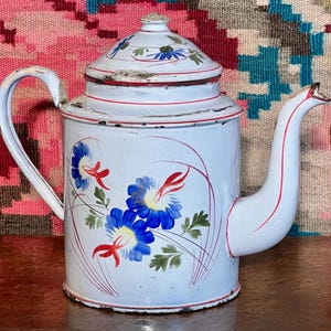 Antique French Enamel Coffee Pot: Hand-Painted Floral Decor
