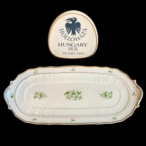 Vintage Hollóháza Porcelain Platter: Hand-Painted Scarbantia Green, 21K Gilding
