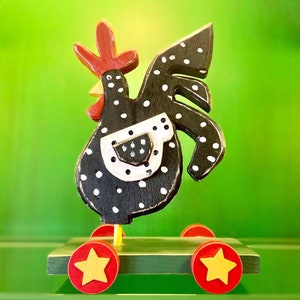 Hand Carved Wood Rooster Sculpture on Wheels: Terry&#39;s Village Folk Art