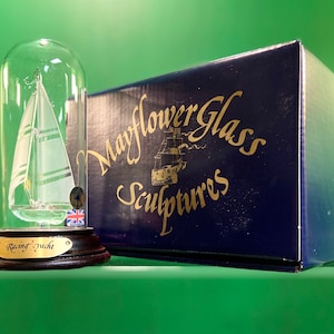 Vintage Mayflower Glass Racing Yacht Sculpture with Wooden Stand