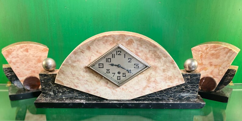 Art Deco Marble Mantel Clock Set, Vintage French Marble Art Deco Mantel Clock with Garnitures, Vintage Art Deco Garniture and Clock Set. image 3