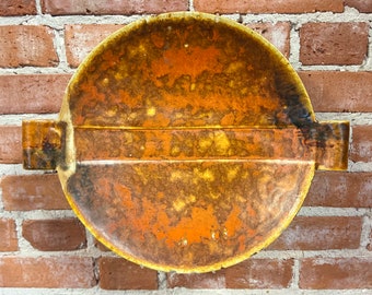 Mid Century Modern Footed Console Bowl: Large 16'' California Pottery Dish, Vibrant Orange & Yellow Drip Glaze Vintage 60s Retro Centerpiece