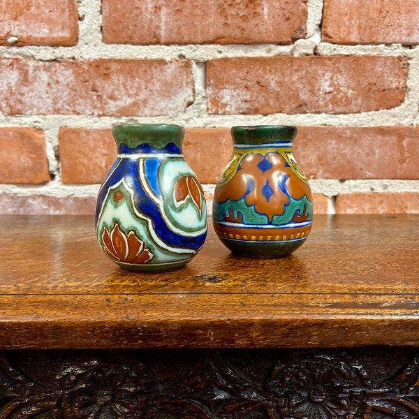 Pair of Gouda Pottery Art Vases, Hand Painted Dutch Gouda Art Pottery, Vintage Gouda Art Deco Vase, Rhodian Holland Pottery, Rhodian Vase.