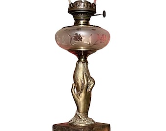 Antique Figural Hand Oil Lamp Frosted Etched Glass Font Kerosene Lamp Victorian Revival Art Nouveau Decor Brass Burner Chimney